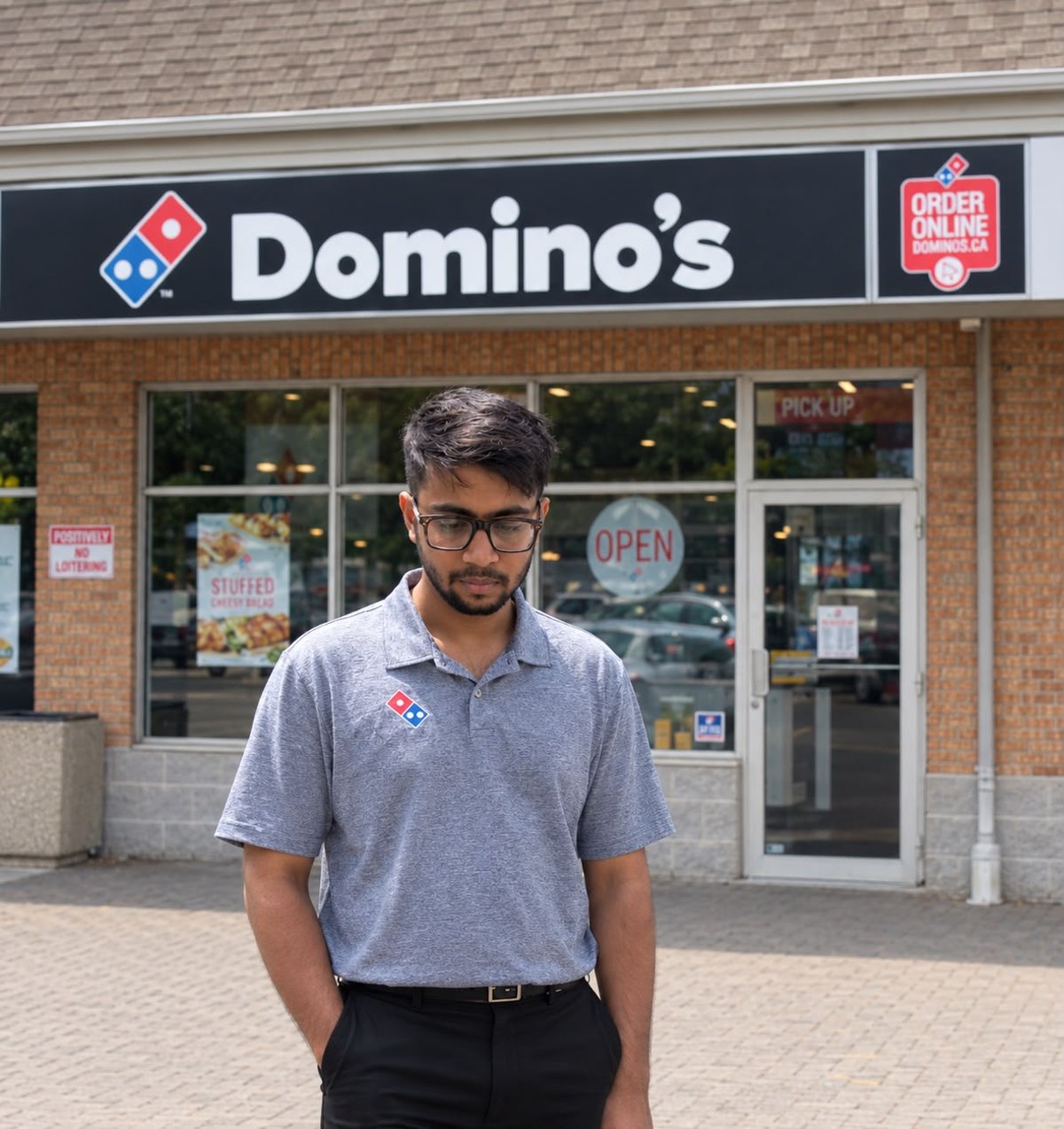 In uniform at Domino's, Mississauga, 2024